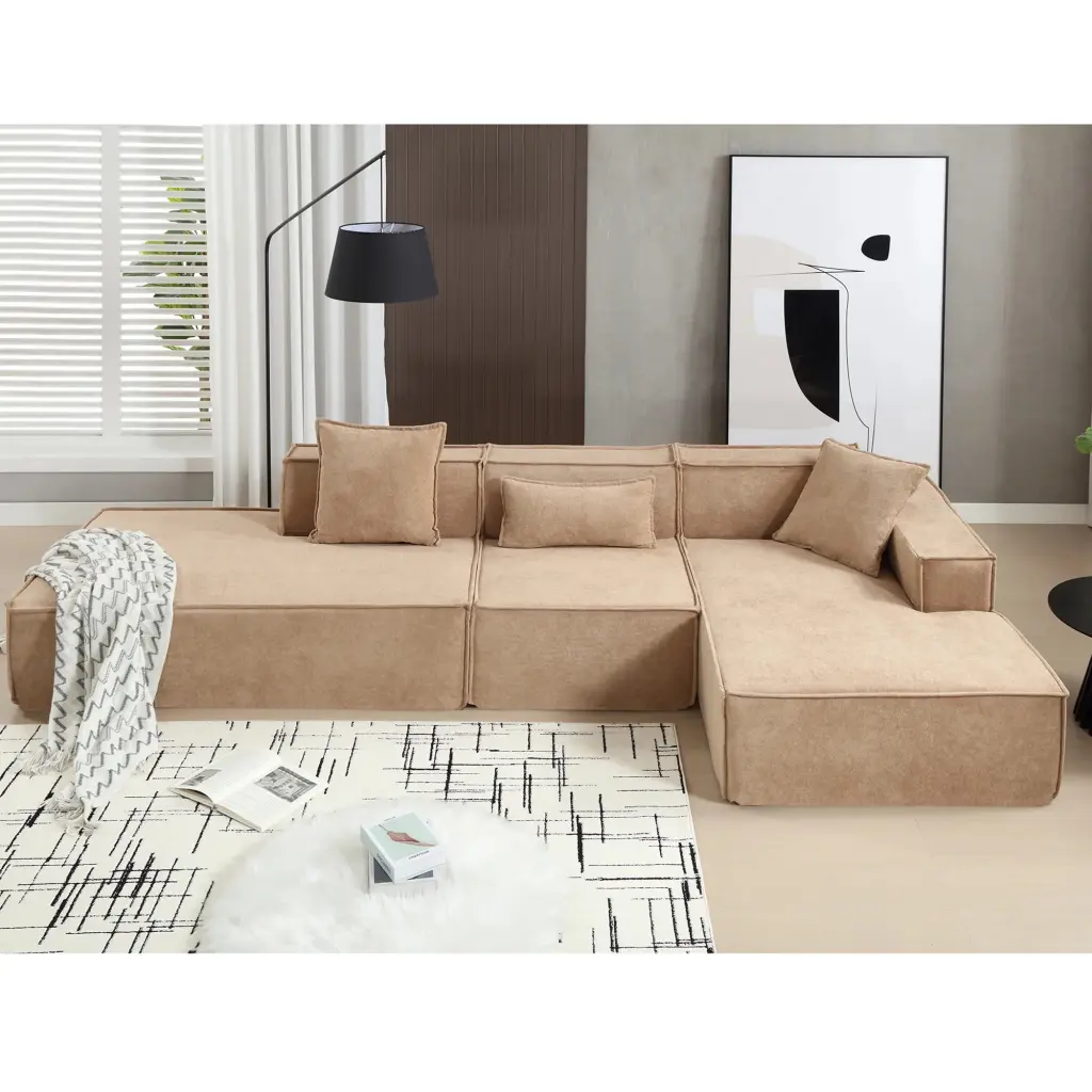 Modular Combination Living Room Sofa Set Modern Minimalist L-Shaped Italian Tofu Block Sofa Right-Hand Facing Light Brown ...