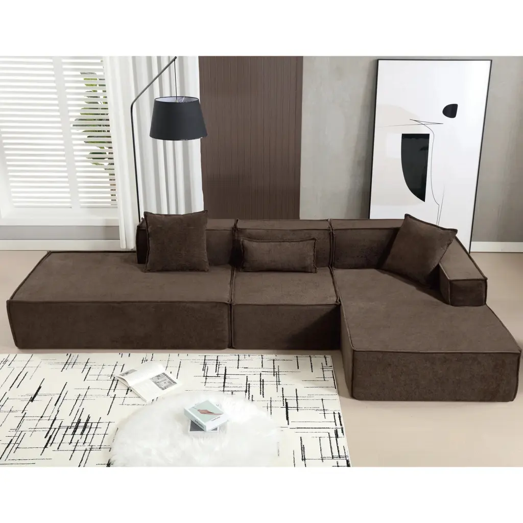 Modular Combination Living Room Sofa Set Modern Minimalist L-Shaped Italian Tofu Block Sofa Right-Hand Facing Dark Brown u...