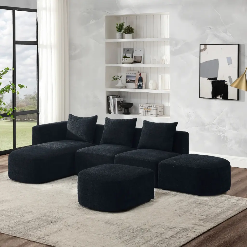 L Shape Sectional Sofa Left Chaise Two Ottomans Modular DIY Loop Yarn Fabric Black unknown