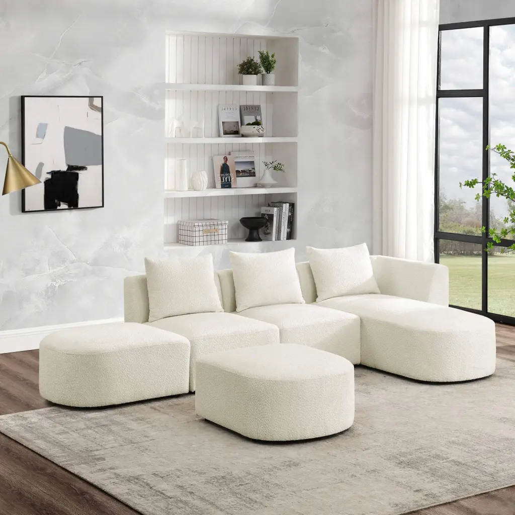 L Shape Sectional Sofa Right Chaise Ottoman Modular DIY Loop Yarn Fabric Beige unknown
