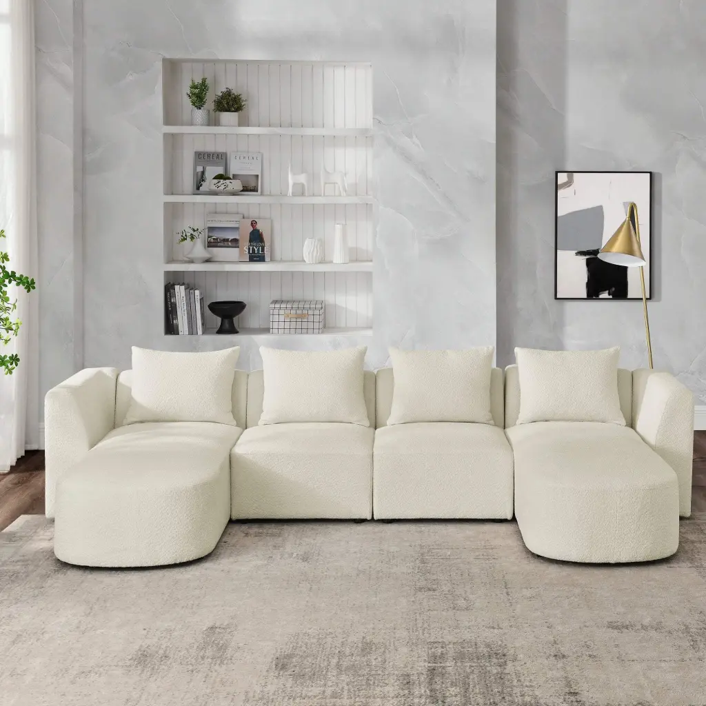 U Shape Sectional Sofa Two Single Seats and Two Chaises Modular DIY Combination Beige Loop Yarn Fabric unknown