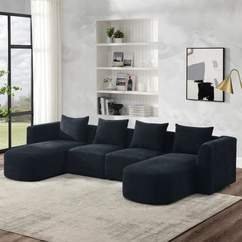 U Shape Sectional Sofa Two Single Seats and Two Chaises Modular DIY Combination Black Loop Yarn Fabric unknown