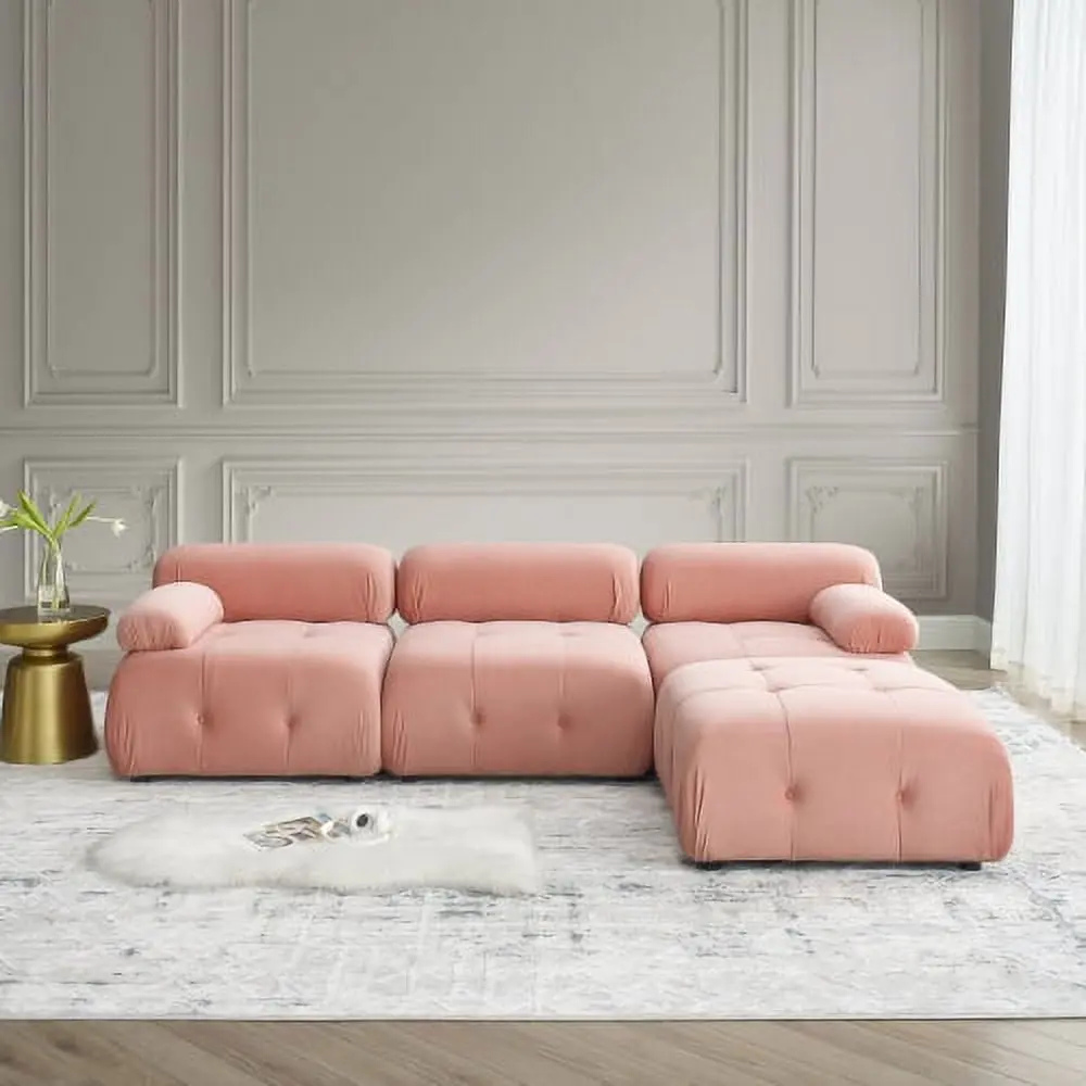 Modular Sectional Sofa Button Tufted Design and Reversible Ottoman Pink Velvet Wesome