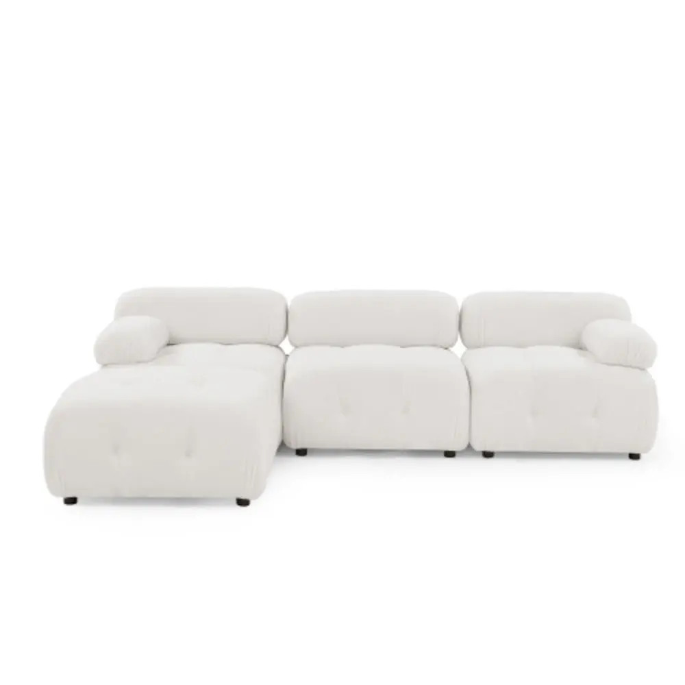 Modular Sectional Sofa Button Tufted Design and Reversible Ottoman Ivory Teddy Fabric YRWL