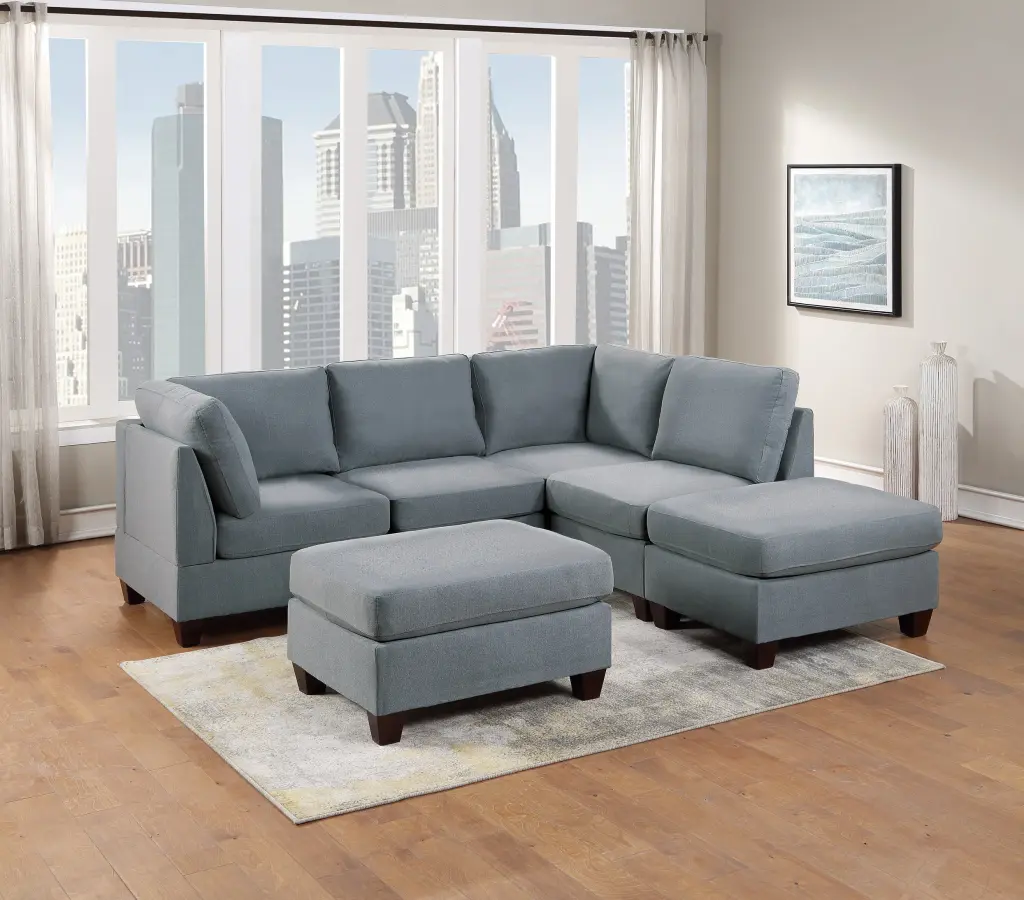 DeeHome Modular Sectional 6pc Set - L-Sectional Grey Linen Like Fabric Corner Wedges and Ottomans