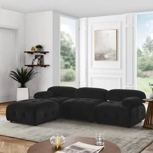 Modular Sectional Sofa Button Tufted Designed and DIY Combination L Shaped Couch Reversible Ottoman Black Velvet ANHUITAGS