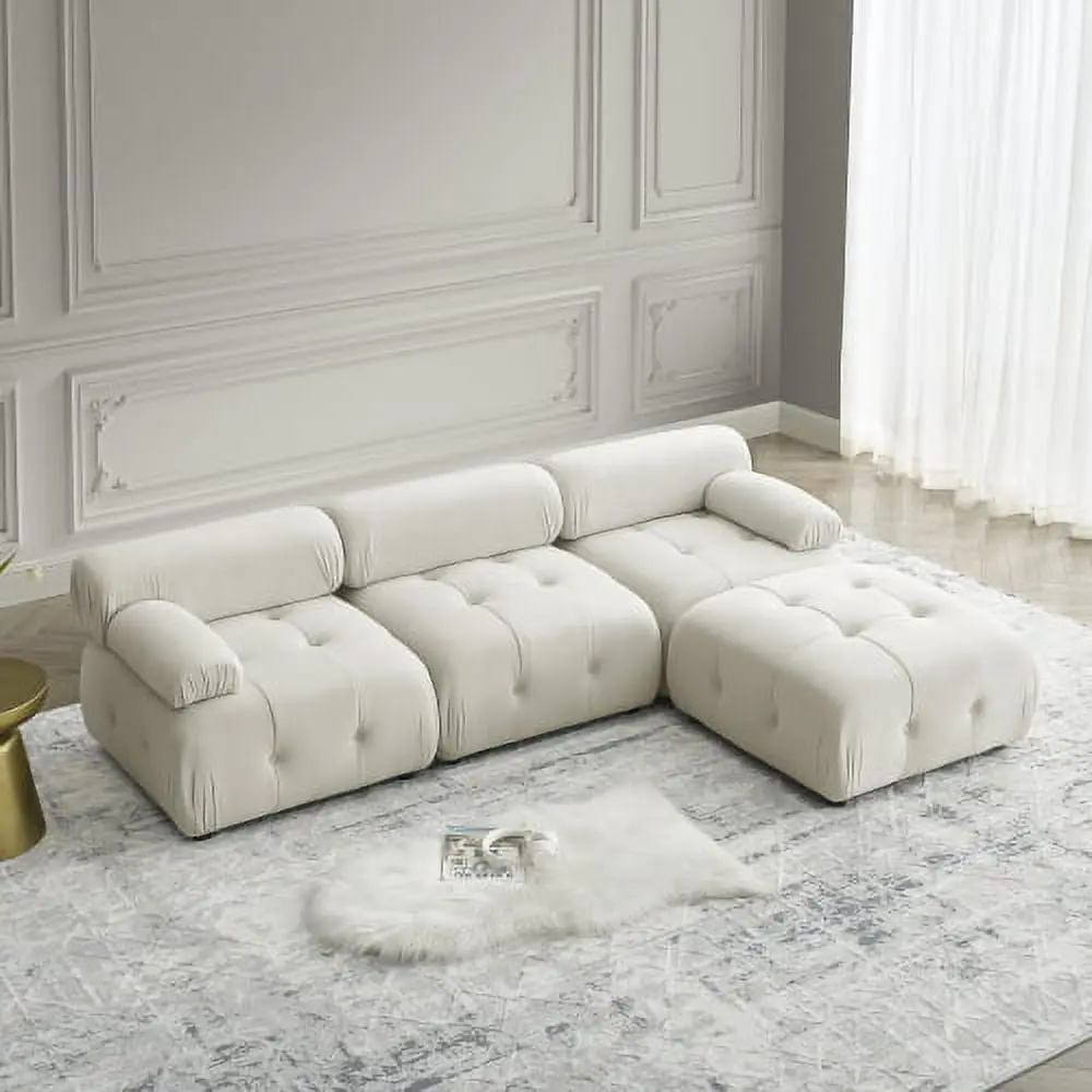 Modular Sectional Sofa Button Tufted Designed and DIY Combination L Shaped Couch Reversible Ottoman Beige Velvet ANHUITAGS