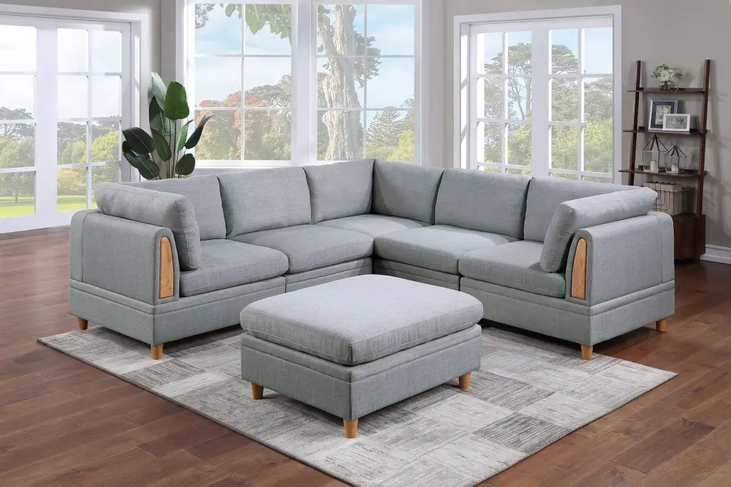 6Pc Modular Sofa Set Light Grey Dorris Fabric Couch Ottoman CNCJ