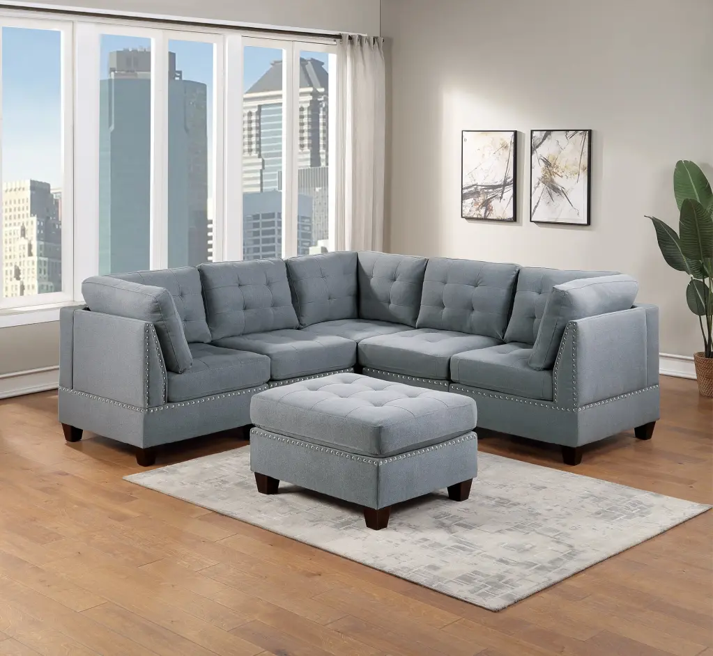 CoSoTower Modular Sectional 6Pc Set Corner Wedge Armless Chairs and Ottoman - Gray Linen Fabric