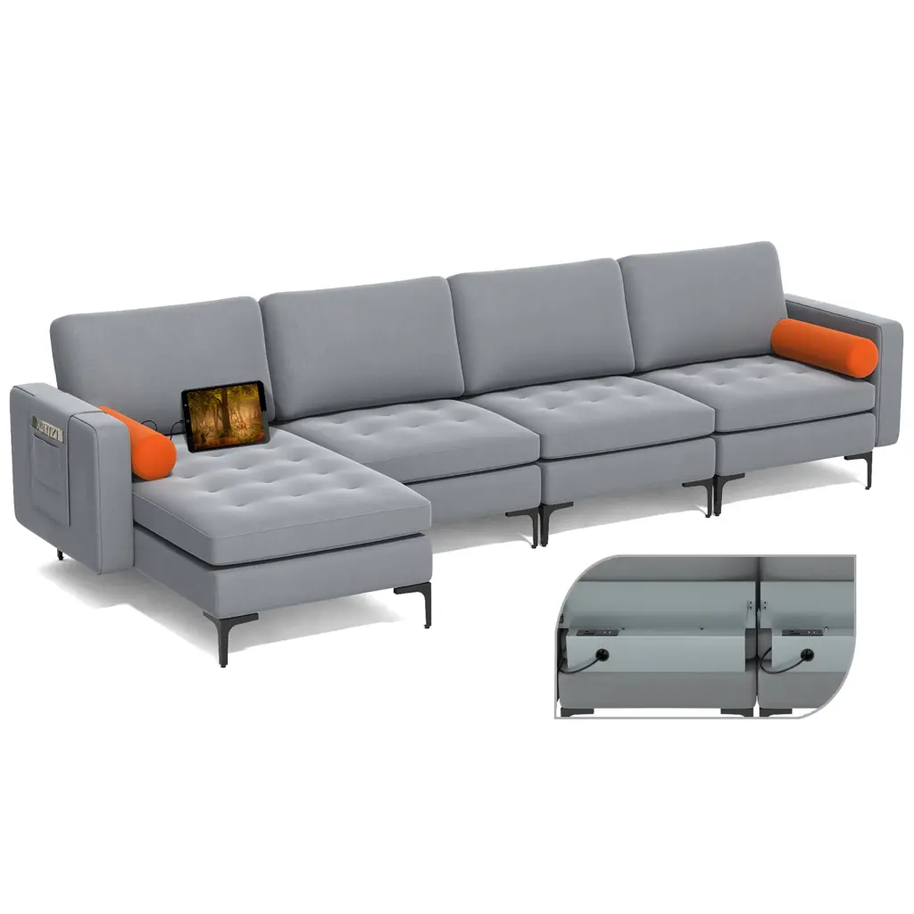 Costway Modular L-Shaped Sectional Sofa Reversible Chaise and 4 USB Ports Ash Grey