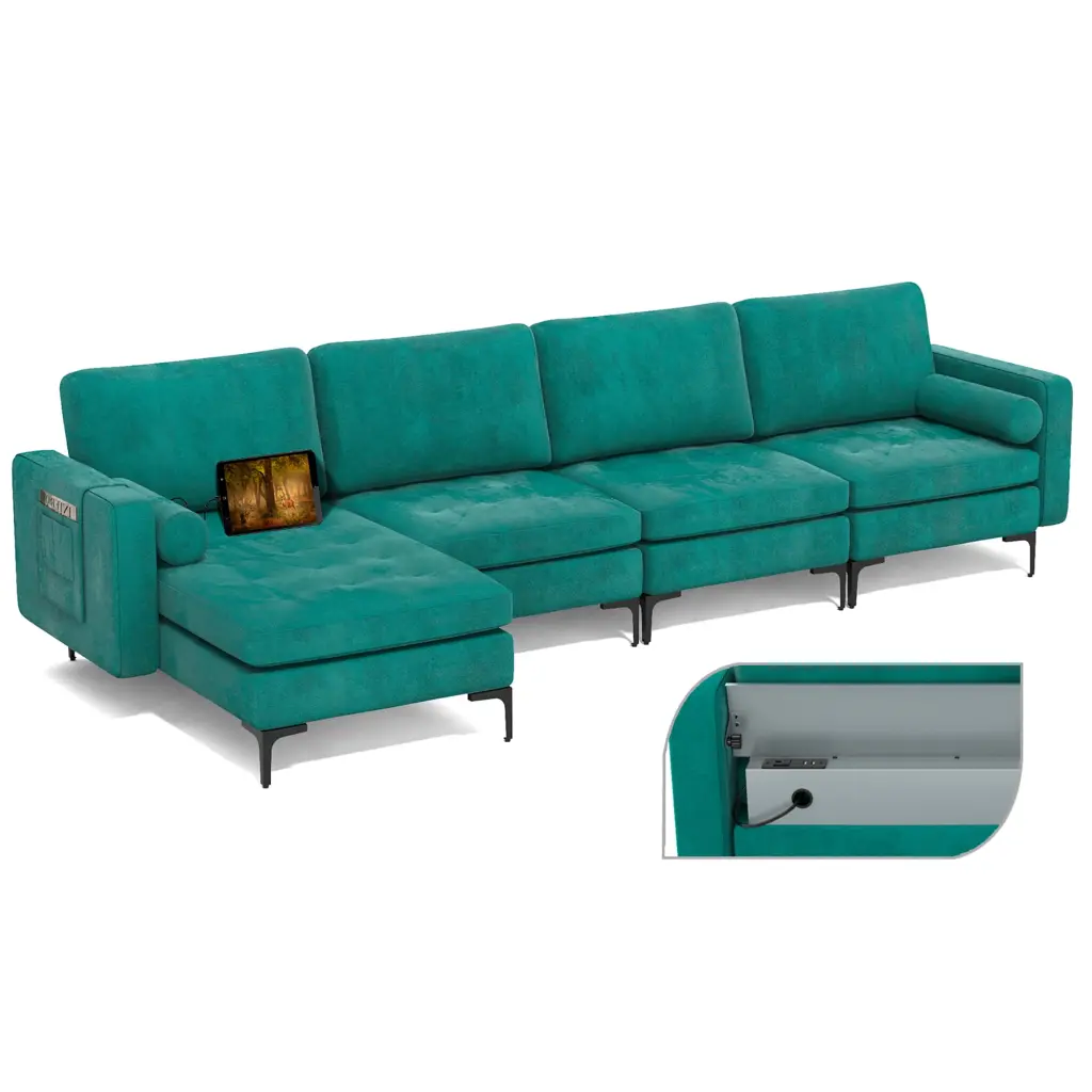 Costway Modular L-Shaped Sectional Sofa Reversible Chaise and 4 USB Ports Teal