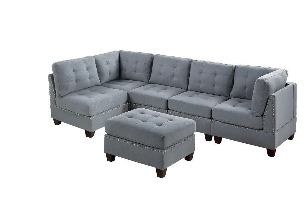 DeeHome Contemporary Modular Sectional 6pc Set Gray Linen Like Fabric Tufted Nail Heads