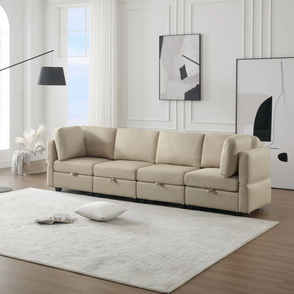 DeeHome Fabric Modern Modular Sofa Couch Storage Seats Modular Sectional Sofa 4 Seater Modular Couch Living Room Beige