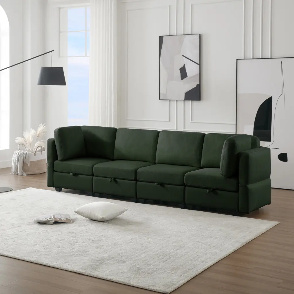 DeeHome Fabric Modern Modular Sofa Couch Storage Seats Modular Sectional Sofa 4 Seater Modular Couch Living Room Green