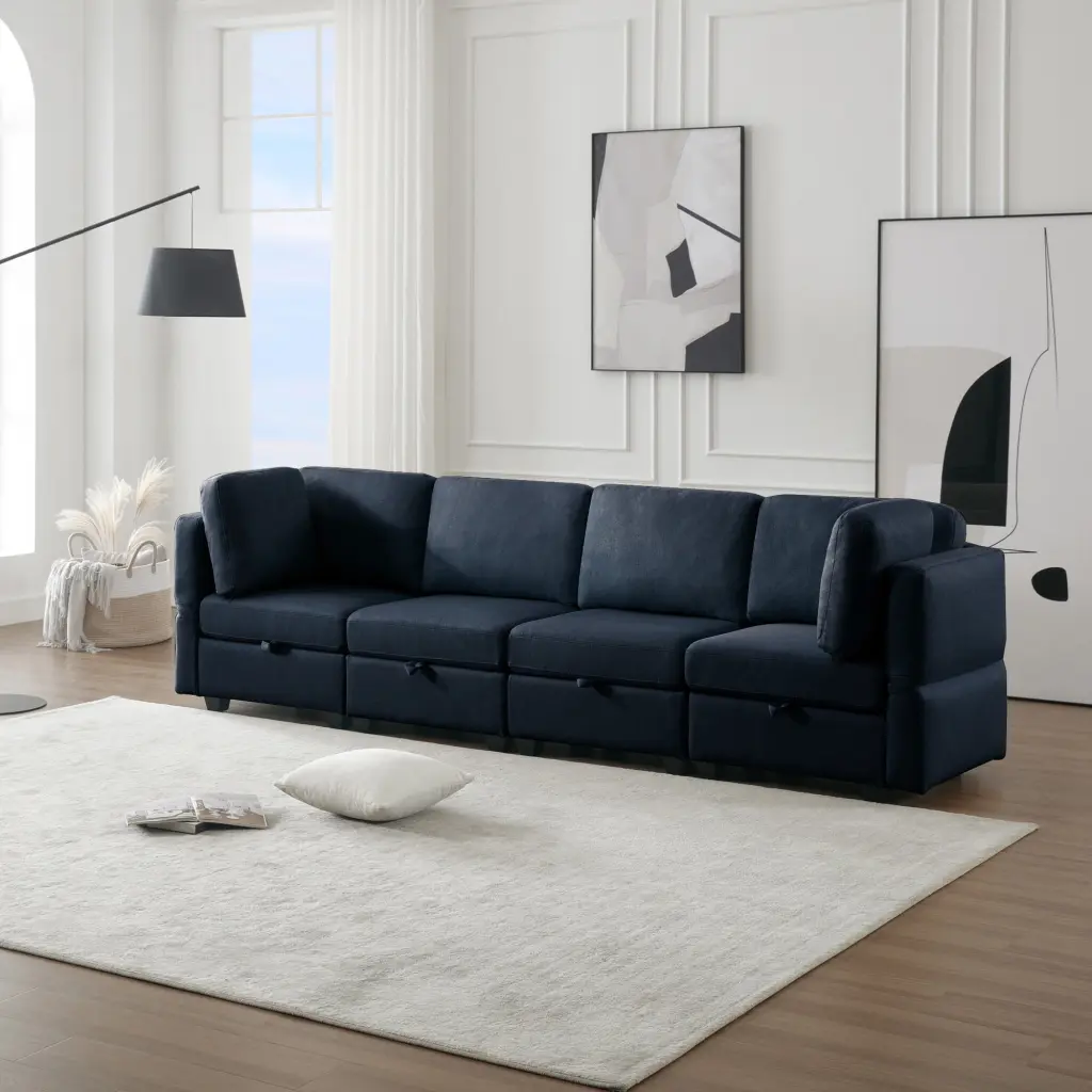 DeeHome Fabric Modern Modular Sofa Couch Storage Seats Modular Sectional Sofa 4 Seater Modular Couch Living Room Blue