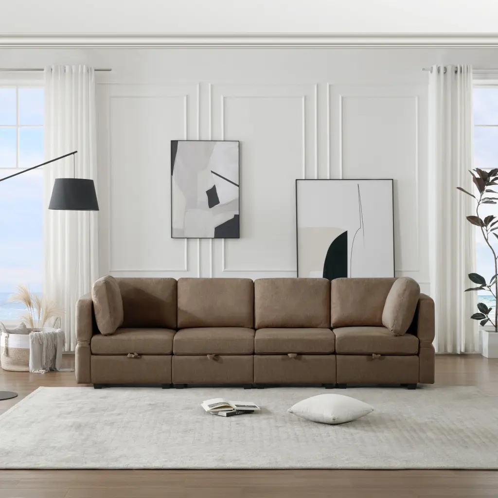 DeeHome Fabric Modern Modular Sofa Couch Storage Seats Modular Sectional Sofa 4 Seater Modular Couch Living Room Brown