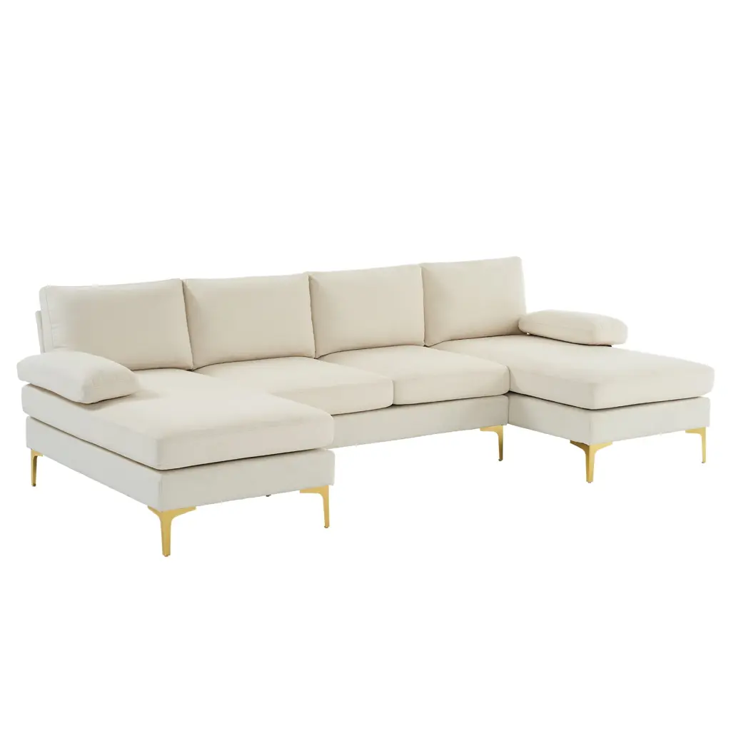 U-Shaped 4-Seat Modular Sofa Linen Seat Wooden Frame Iron Back and Golden Feet Beige Indoor Use Finlon