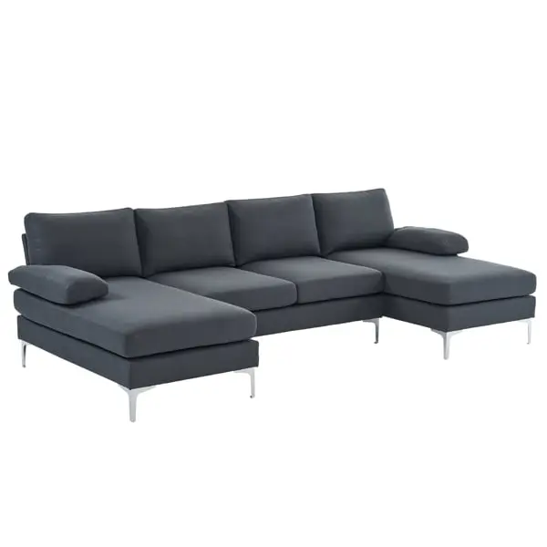Fithood 280x130x85 U Shaped 4 Seat Linen Seat Modular Sofa Dark Gray Wooden Frame and Iron Frame Silver Feet