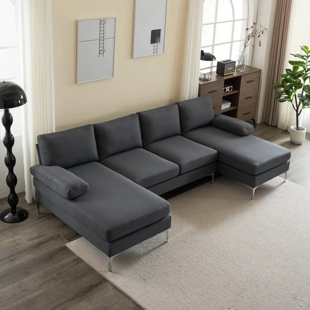 U-Shaped Modular Sofa Linen Seats Wooden Frame Iron Back Frame and Silver Feet Dark Gray Indoor 4-Seat Use Funwill