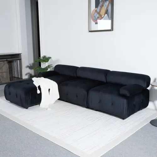 Goldmeet Modular Sectional Sofa Black Velvet L-Shaped Cloud Couch Reversible Ottoman