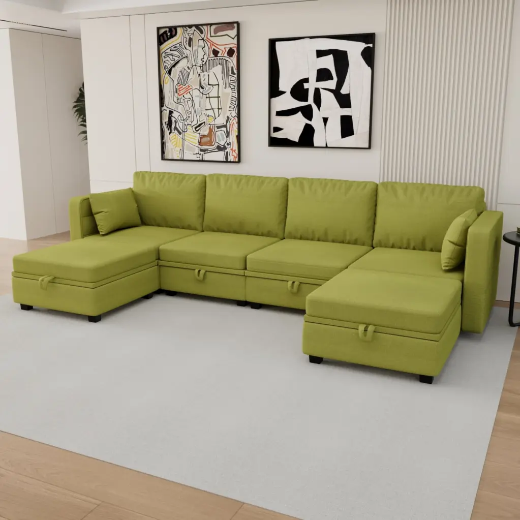 Olive Linen U-Shape Modular Couch Convertible Chaise and Hidden Seat Storage HATNOKIL