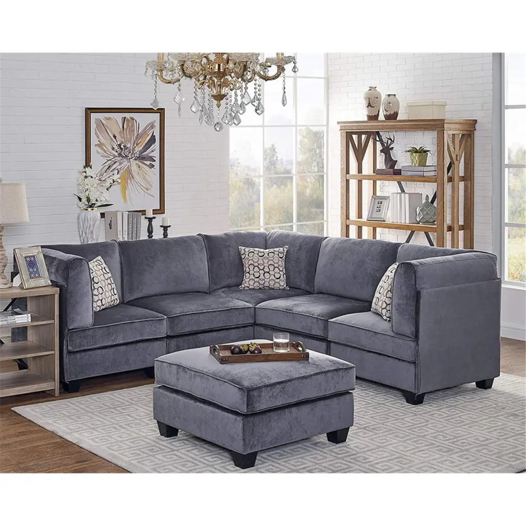 Homestock Rococo Romance Gray Velvet 6Pc Modular Sectional Sofa Elegant Living Room Furniture