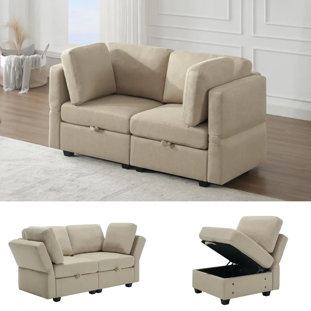 Modular Sofa Storage Ottomans 2-Seater Fabric Couch Adjustable Arms and Backs Beige HOMXIAOWO