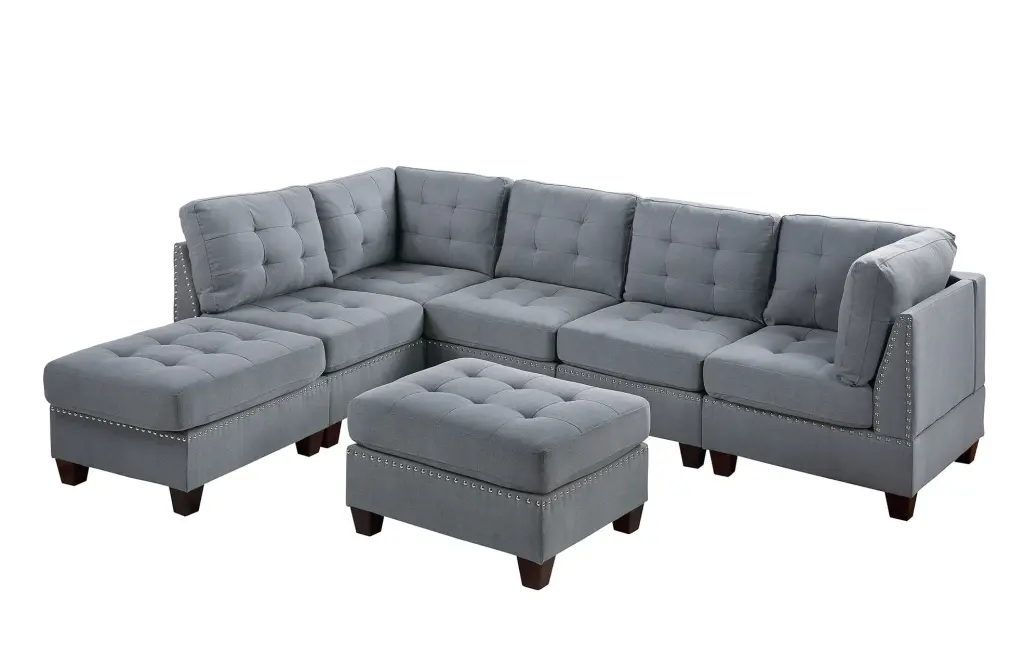 Contemporary Modular Sectional 7Pc Set Gray Linen Like Fabric Tufted Nail Heads and 2 Ottomans Jamini