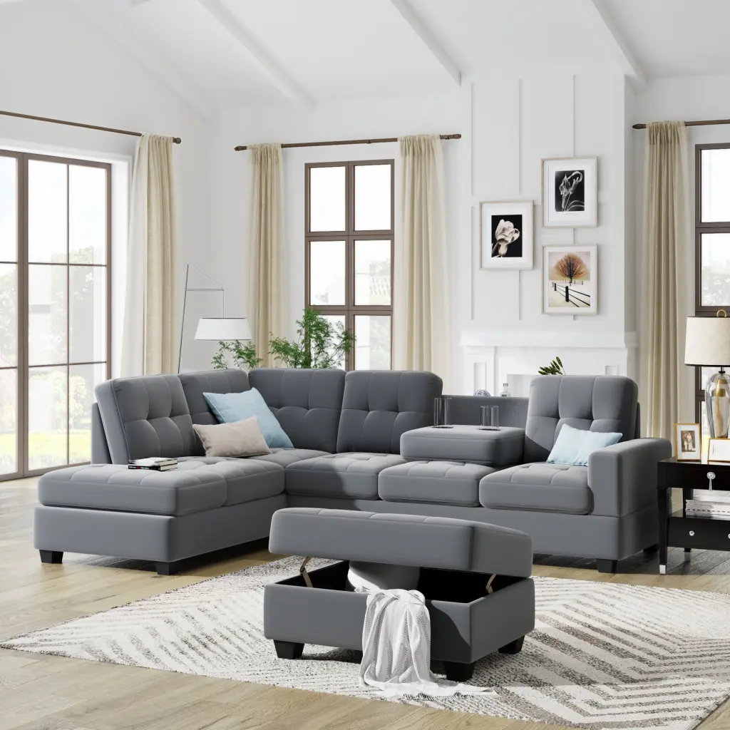 Kumji Modular Sofa L-shaped Sofa Storage Feet and Stool Cup Holder Multifunctional Grey