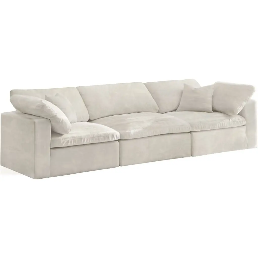 Meridian Furniture Cozy Cream Velvet Modular 3 Piece Sofa Chic Living Room