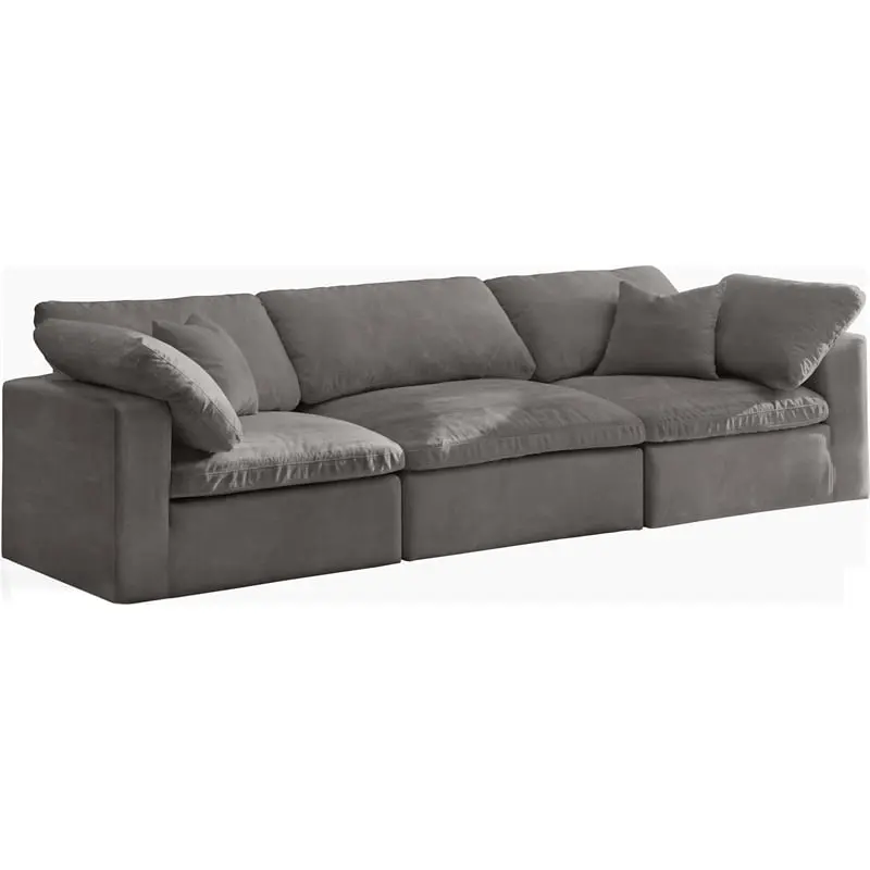 Meridian Furniture Cozy Gray Velvet Modular 3 Piece Sofa Compact Living Room