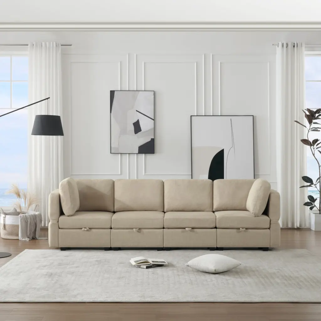 Miekor Fabric Modern Modular Sofa Couch Storage Seats 4 Seater Sectional Sofa Living Room Beige