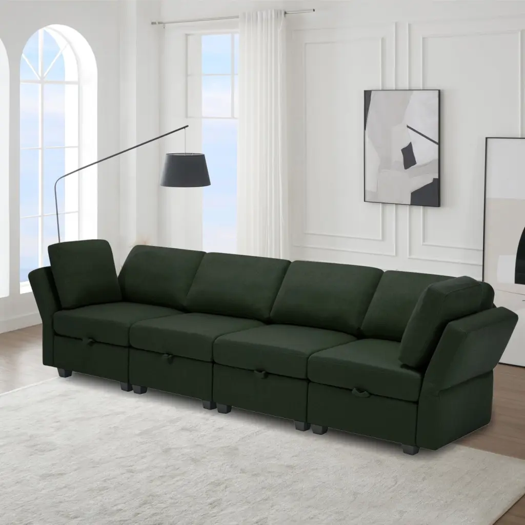 Miekor Fabric Modern Modular Sofa Couch Storage Seats 4 Seater Sectional Sofa Living Room Green