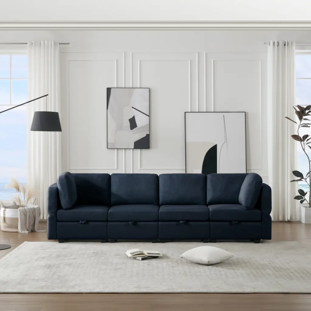 Miekor Fabric Modern Modular Sofa Couch Storage Seats 4 Seater Sectional Sofa Living Room Blue