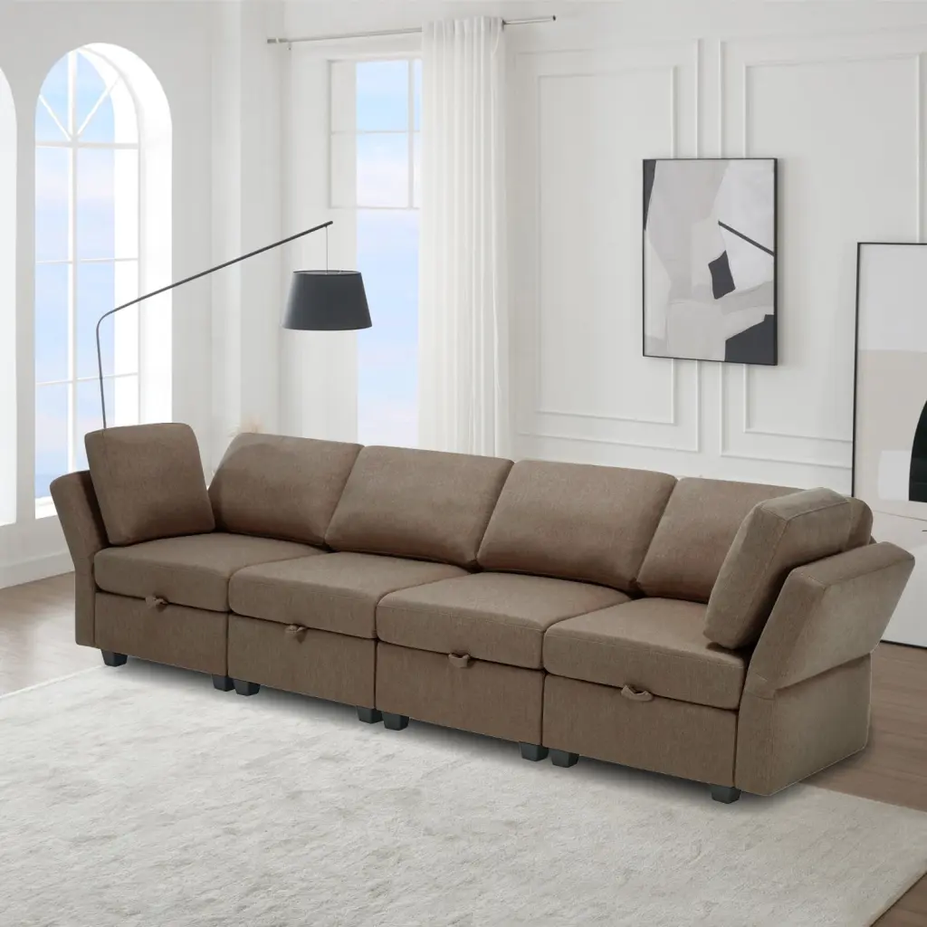 Miekor Fabric Modern Modular Sofa Couch Storage Seats 4 Seater Sectional Sofa Living Room Brown