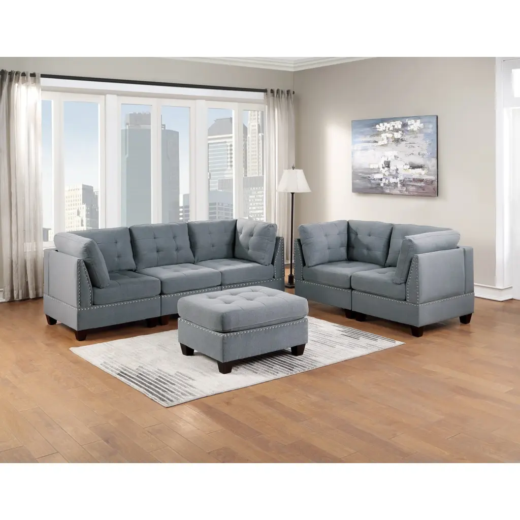 Miekor Furniture 6-Piece Modular Sofa Set Gray Linen Fabric and Ottoman