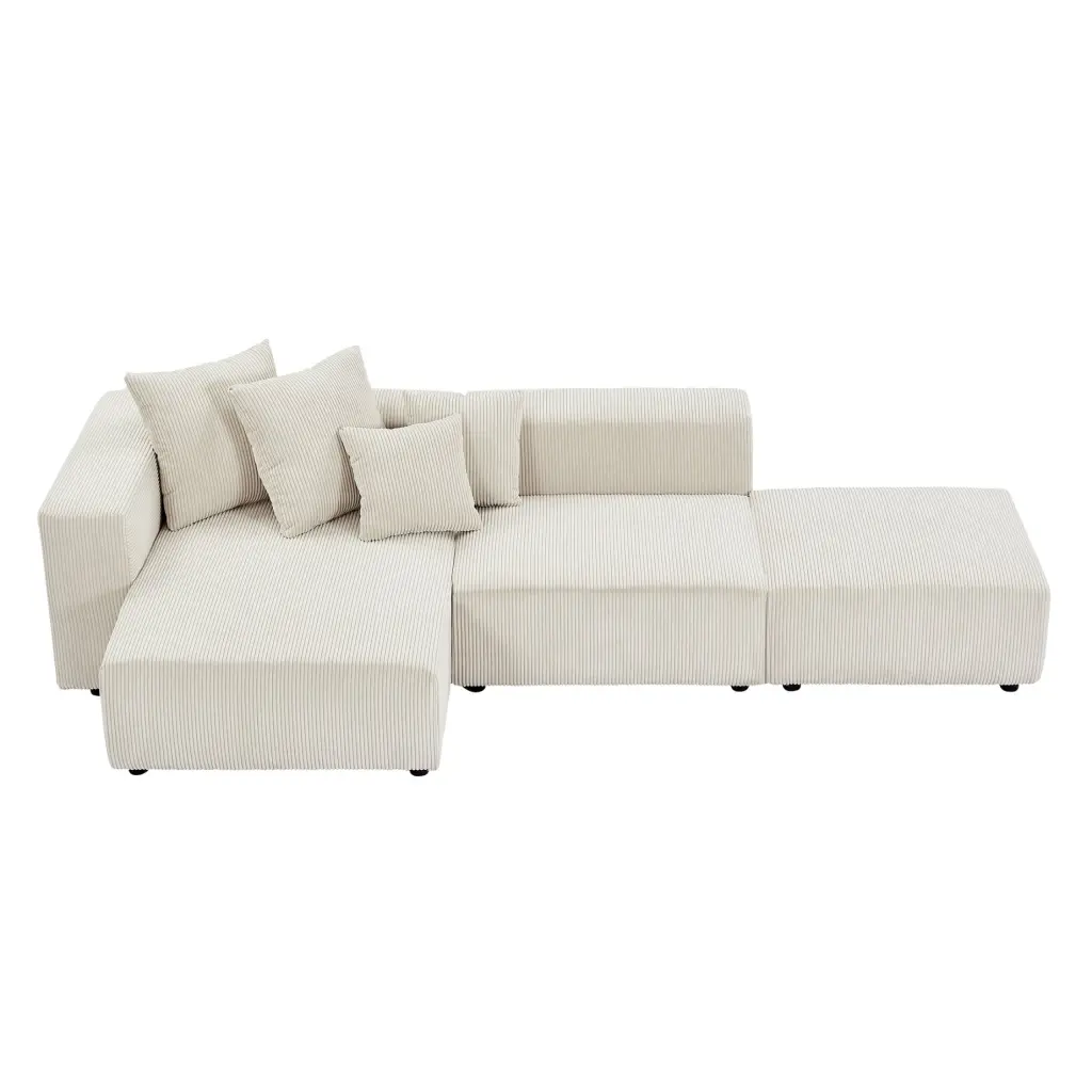 Miekor Furniture Soft Corduroy Sectional Modular Sofa Set Small L-Shaped Chaise Couch Beige W4US0185