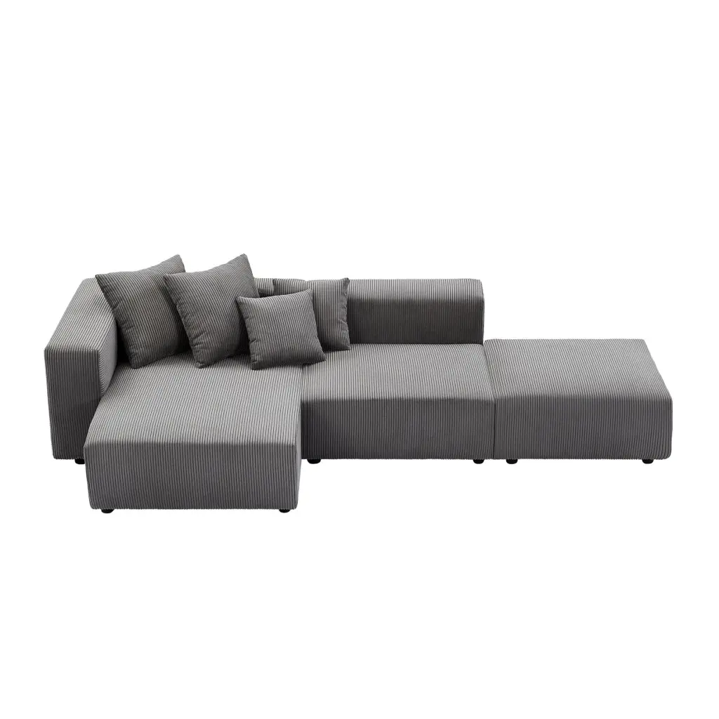 Miekor Furniture Soft Corduroy Sectional Modular Sofa Set Small L-Shaped Chaise Couch Gray W4US0186