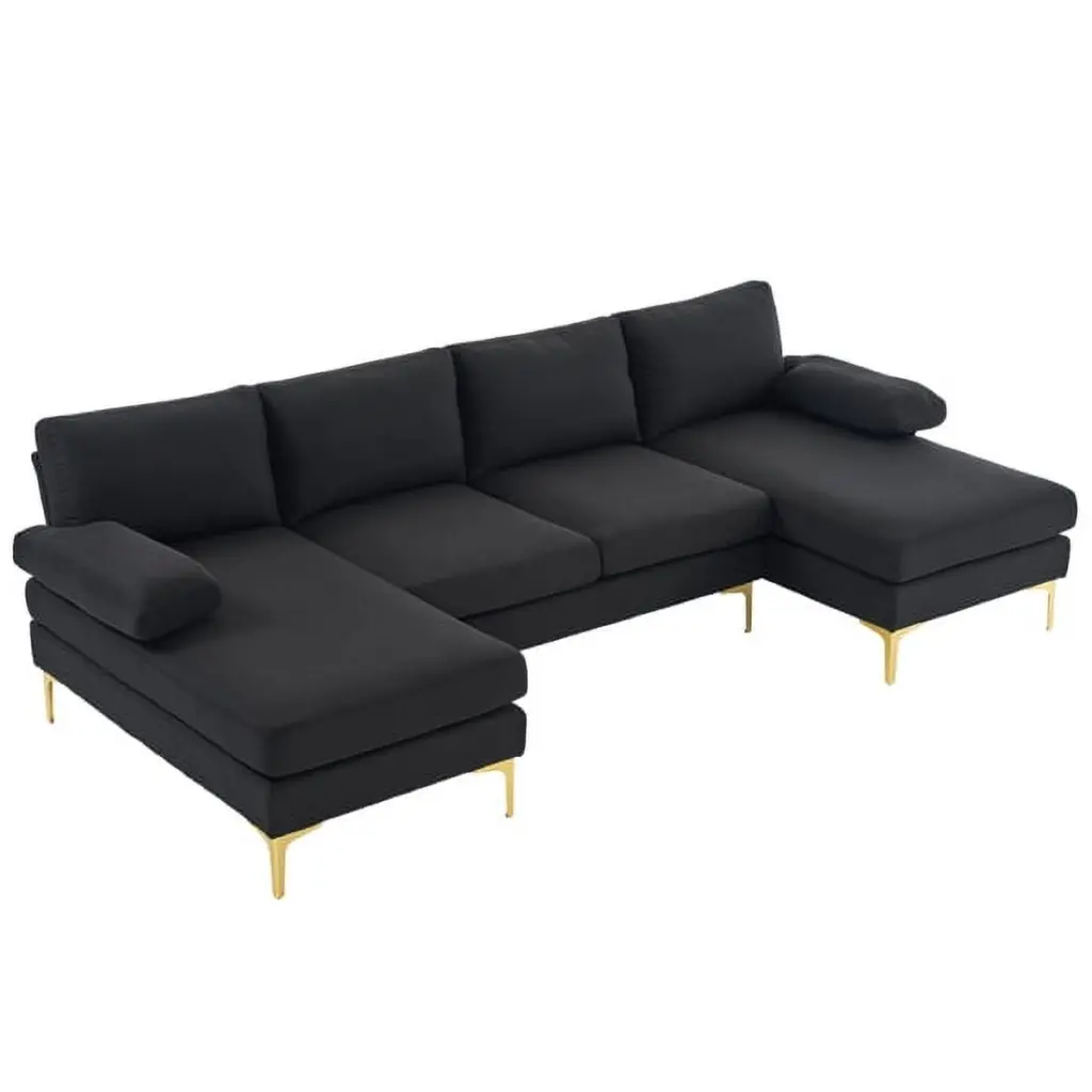 MINKUROW 280x130x85 U-Shaped 4-Seat Linen Modular Sofa Wooden Frame Iron Back Frame and Golden Feet Black