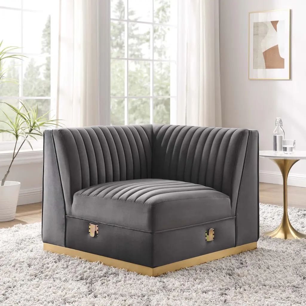 Modway Sanguine Channel Tufted Performance Velvet Modular Sectional Sofa Left Corner Chair Gray