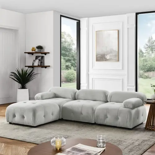 Modular Sectional Sofa Button Tufted Designed and DIY Combination L Shaped Couch Reversible Ottoman Grey Velvet Onuobao
