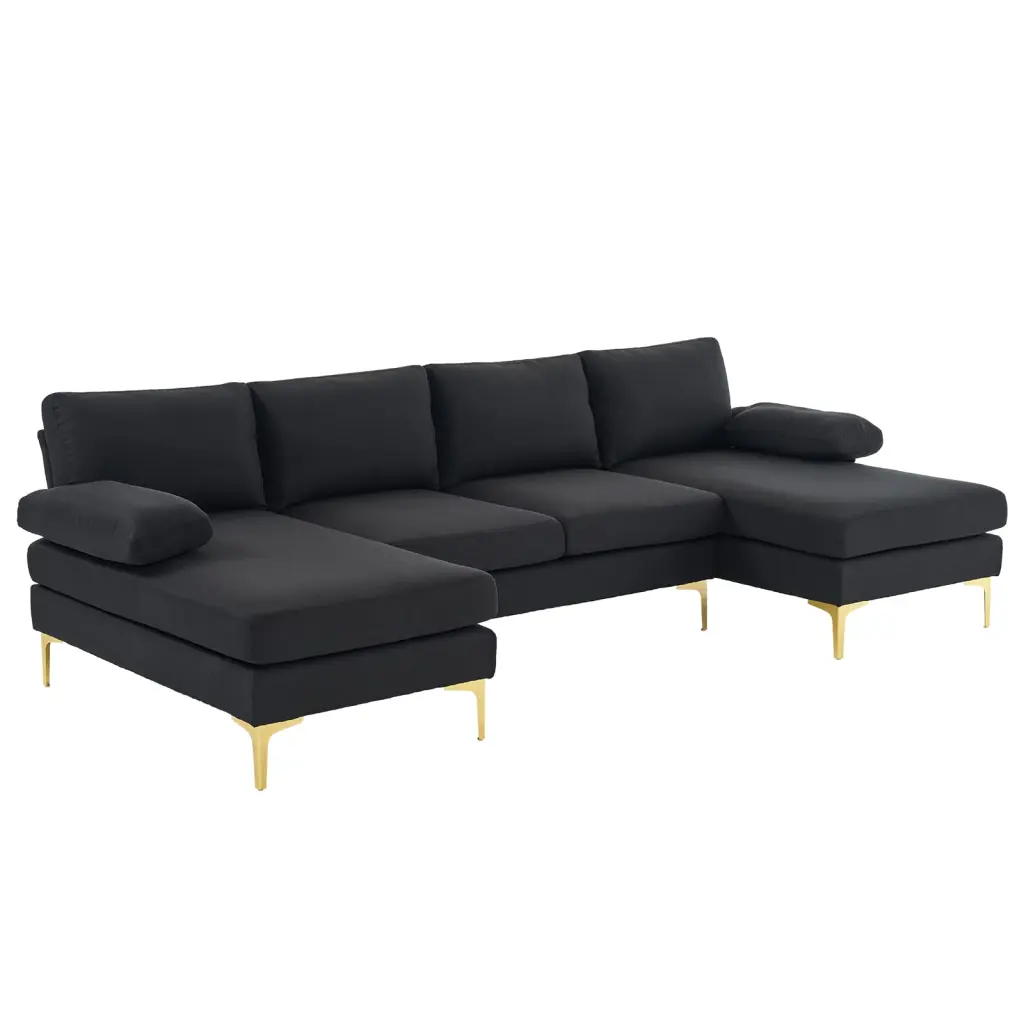 280x130x85 U-Shaped 4-Seat Linen Modular Sofa Wooden Frame Iron Back Frame and Golden Feet Black Indoor Use Pevor