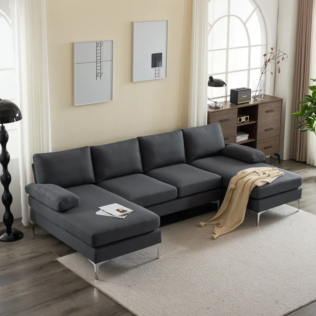 280x130x85 U-Shaped 4-Seat Linen Sofa Wooden Frame and Iron Legs Dark Gray Modular Sofa Pevor