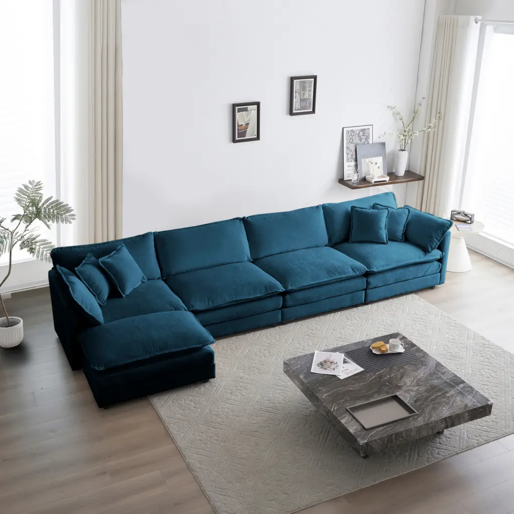 Flexible U-Shaped Modular Sectional Sofa Stylish Blue Chenille Solid Wood Frame Ponnky