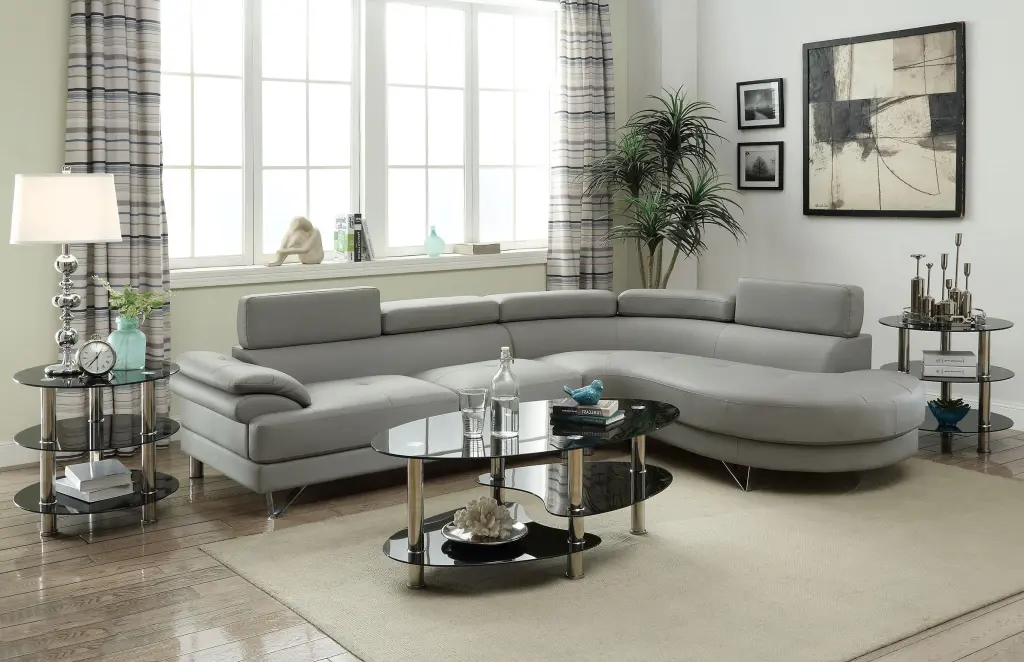 Ucloveria Modular Sectional Sofa Luxury Modern Upholstery Grey Faux Leather Flip-up Headrest