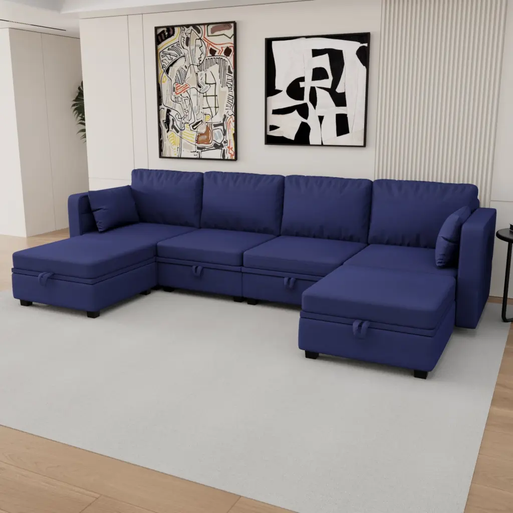Navy Linen U-Shaped Modular Sectional Sofa Reversible Chaise and Built- Storage Wodine