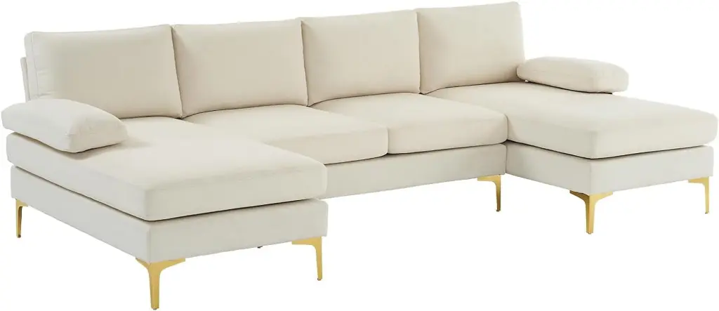 280x130x85 U-Shaped 4-Seat Linen Seat Frame Wooden Frame Back Iron Frame Golden Feet Modular Sofa Beige YANG97