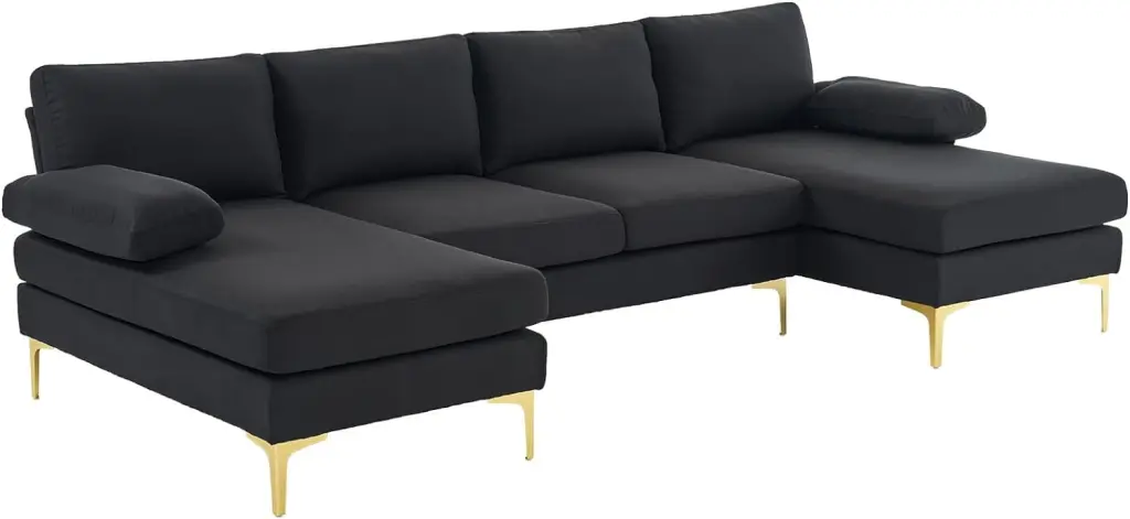 U-Shaped 4-Seat Modular Sofa Linen Seat Wooden Frame Black Indoor Sofa Golden Feet YANG97