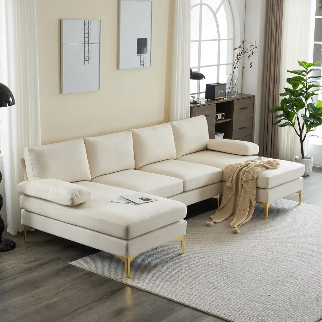Zimtown U Shaped Convertible Linen Sectional Sofa Double Reversible Chaise Beige