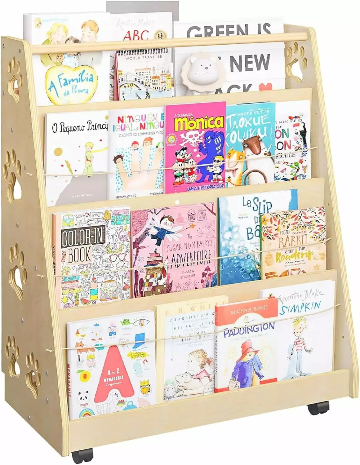Montessori Kid Bookshelf Wheels 4 Tier Bookcase Double-Sided Mobile Book Display Kids Storage Book Rack and Toy Organizer ...
